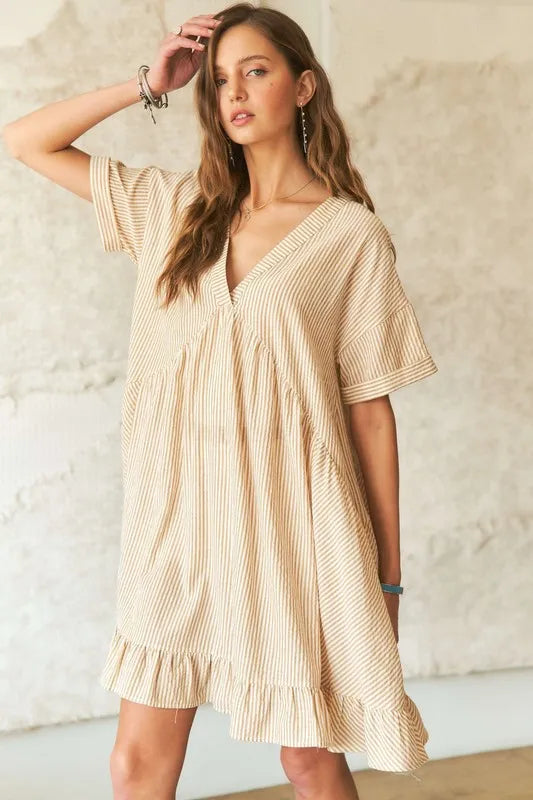 Image of ADORA Ruffled Hem Striped V-Neck Babydoll Dress | Queeble.shop