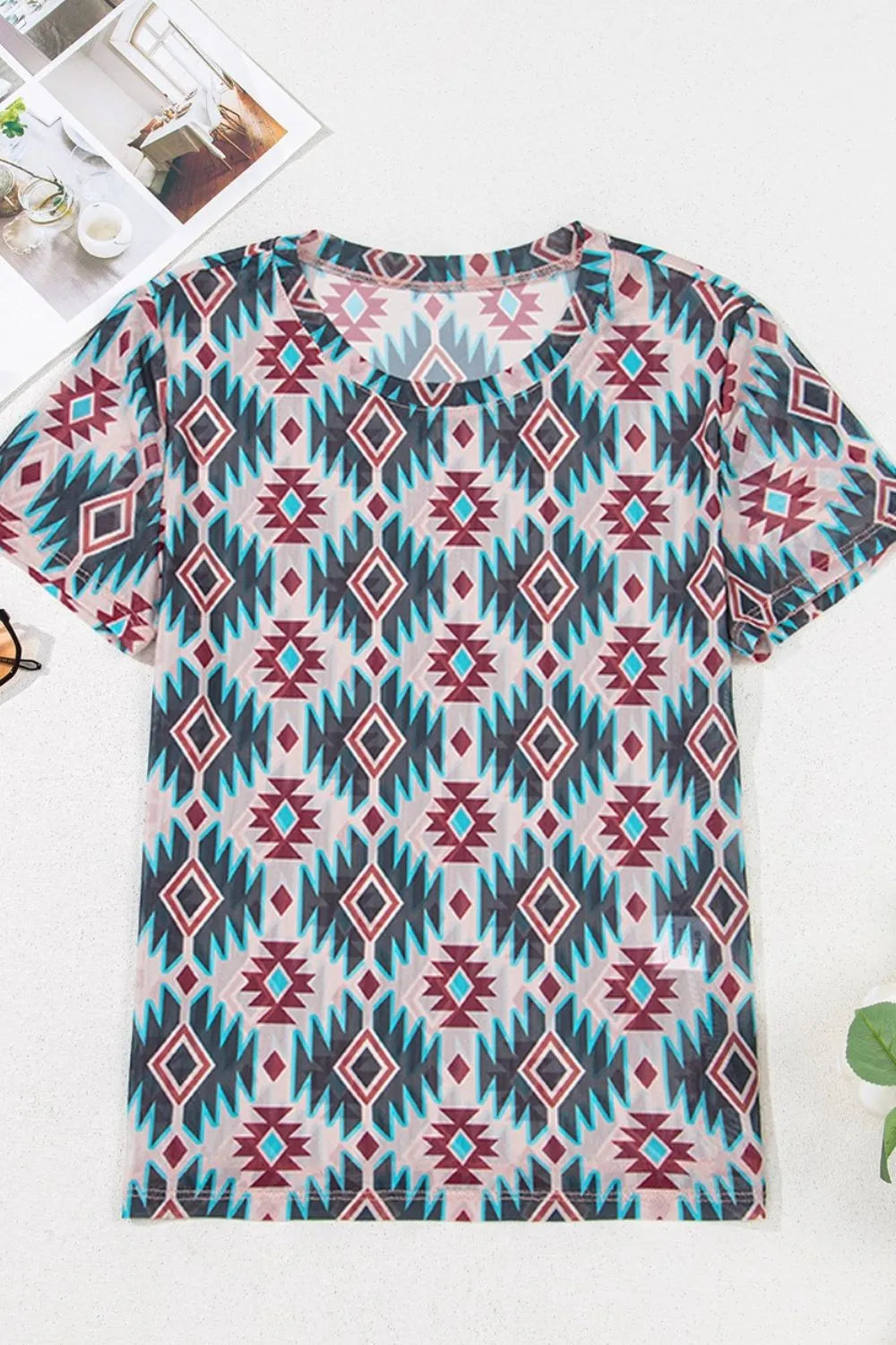 Image of Western Aztec Print Mesh Slim T Shirt | Queeble.shop