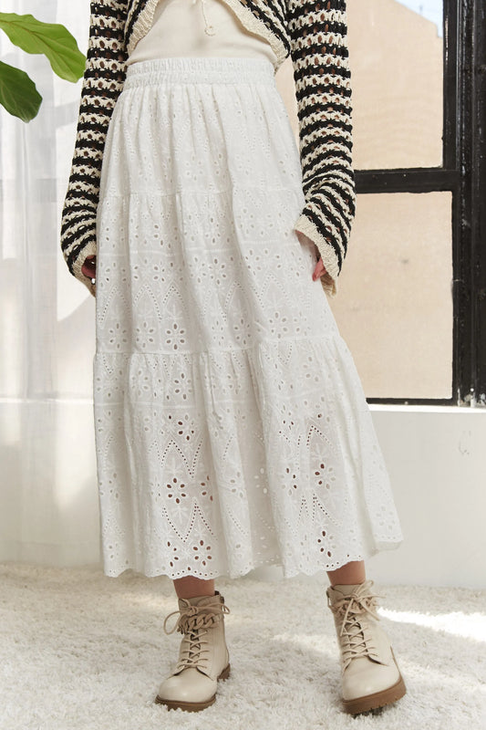 Image of ADORA Elastic Waistband Tiered Midi Skirt | Queeble.shop