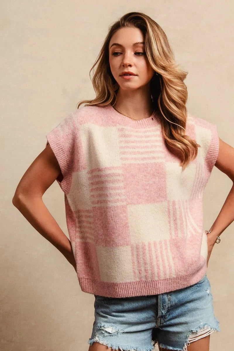 Image of BiBi Checker With Stripes Pattern Sleeveless Sweater | Queeble.shop