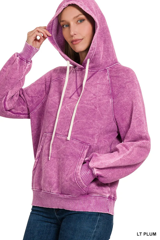 Image of Zenana Acid Wash Fleece Hoodie with Kangaroo Pocket | Queeble.shop