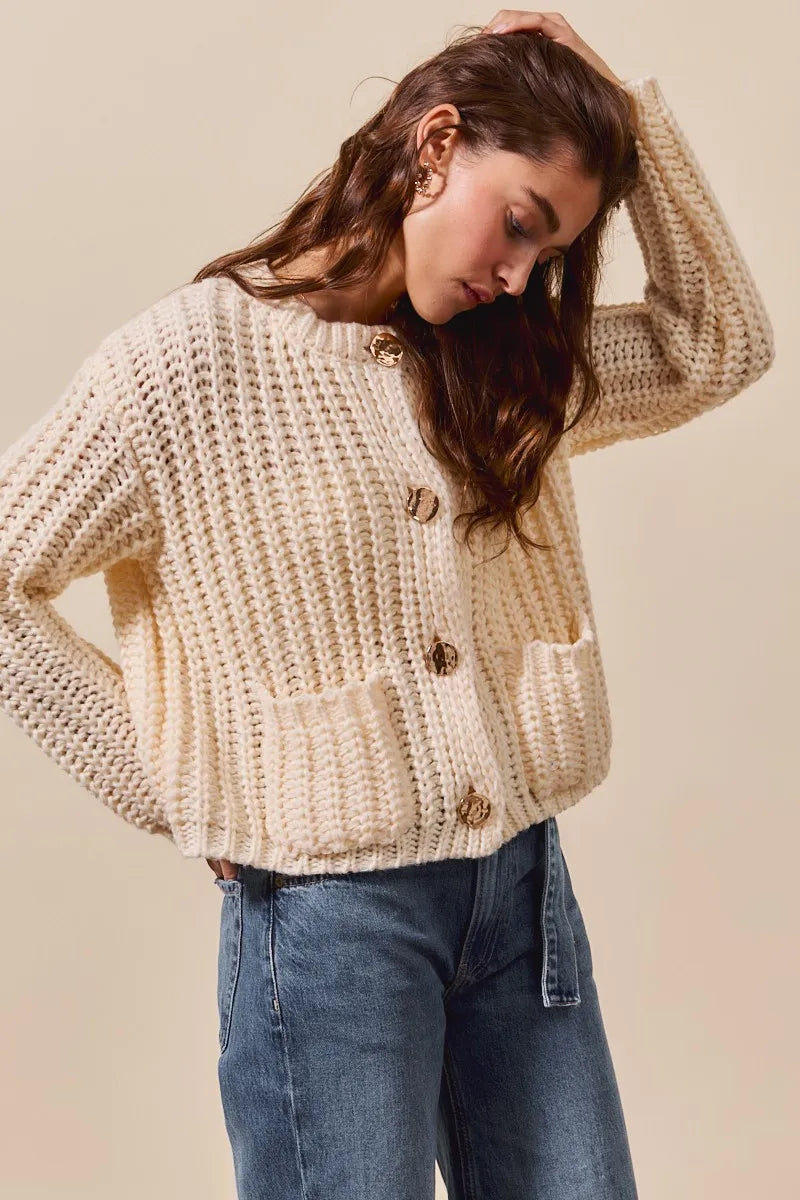 Image of SO ME Metal Button Long Sleeve Chunky Sweater Cardigan | Queeble.shop