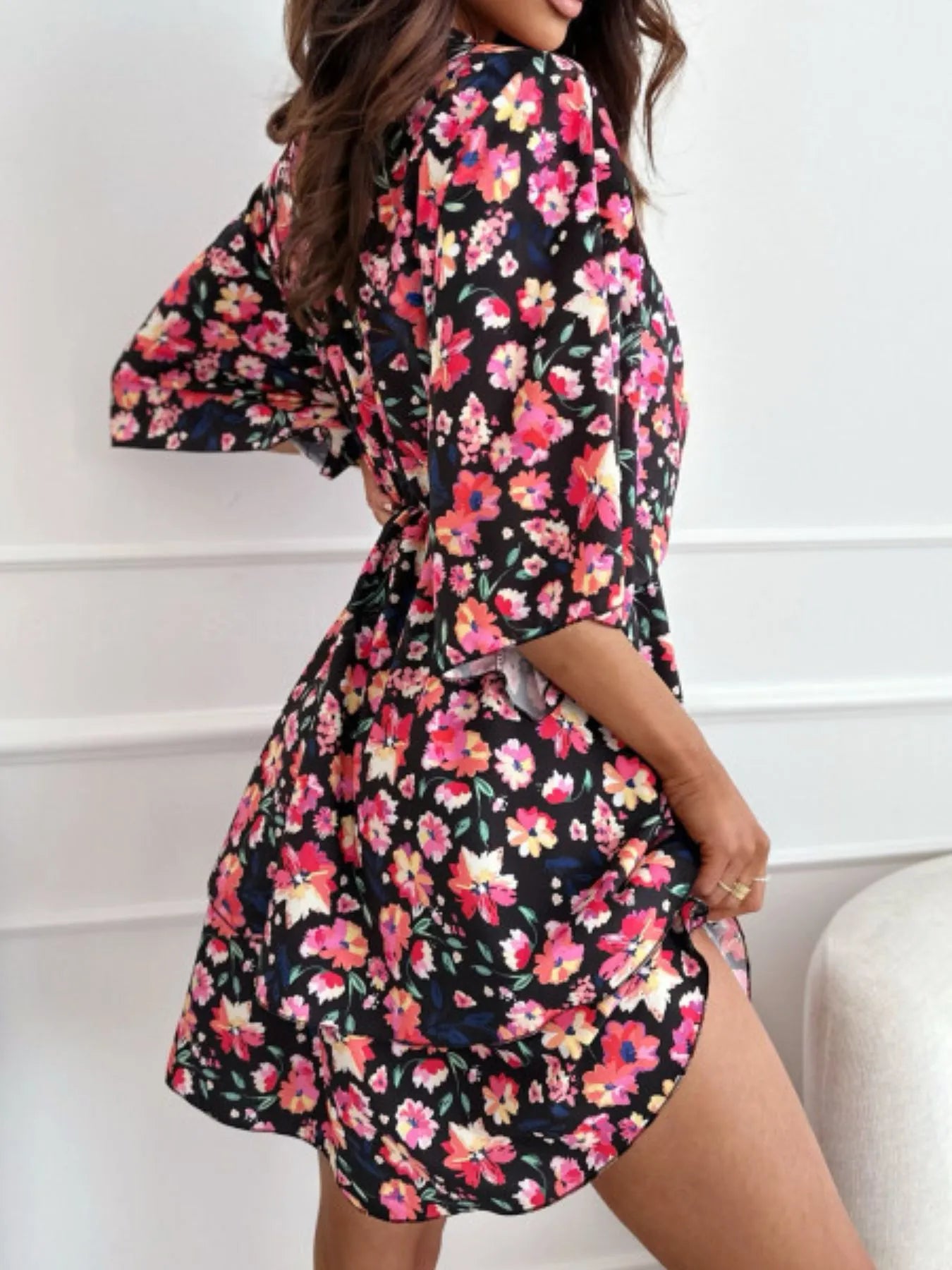 Image of Floral Print V-Neck Ruffle Mini Dress | Queeble.shop