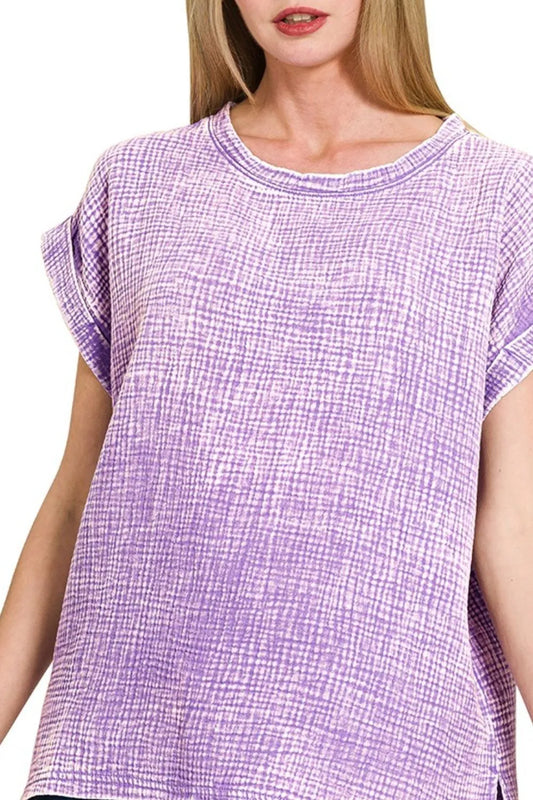 Image of Zenana Woven Double Gauze Acid Washed Short Sleeve Top | Queeble.shop