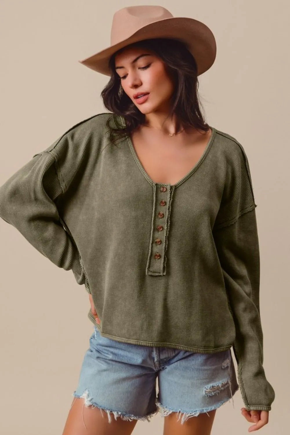 Image of SO ME Frayed Cut Mineral Washed Deep V Neck Waffle Top | Queeble.shop
