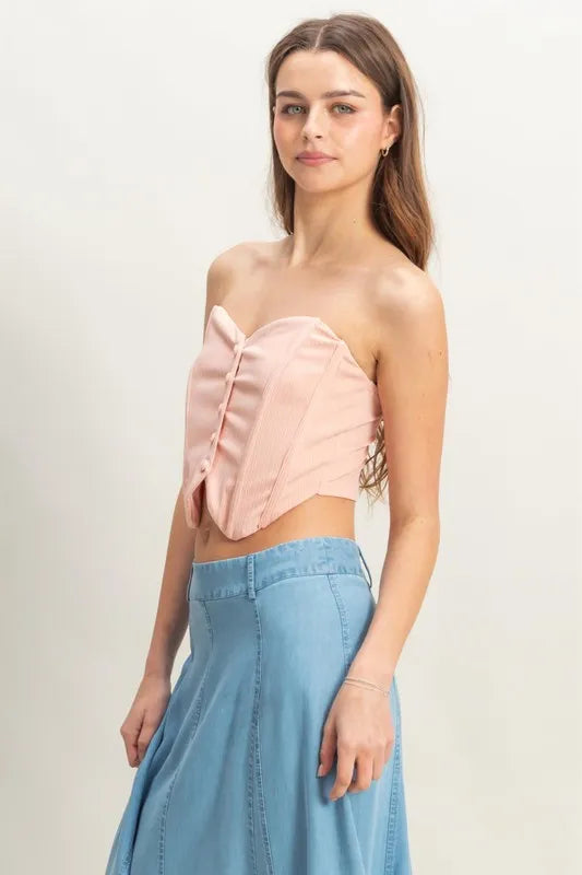 Image of HYFVE Buttoned Front Strapless Knit Bustier Top | Queeble.shop