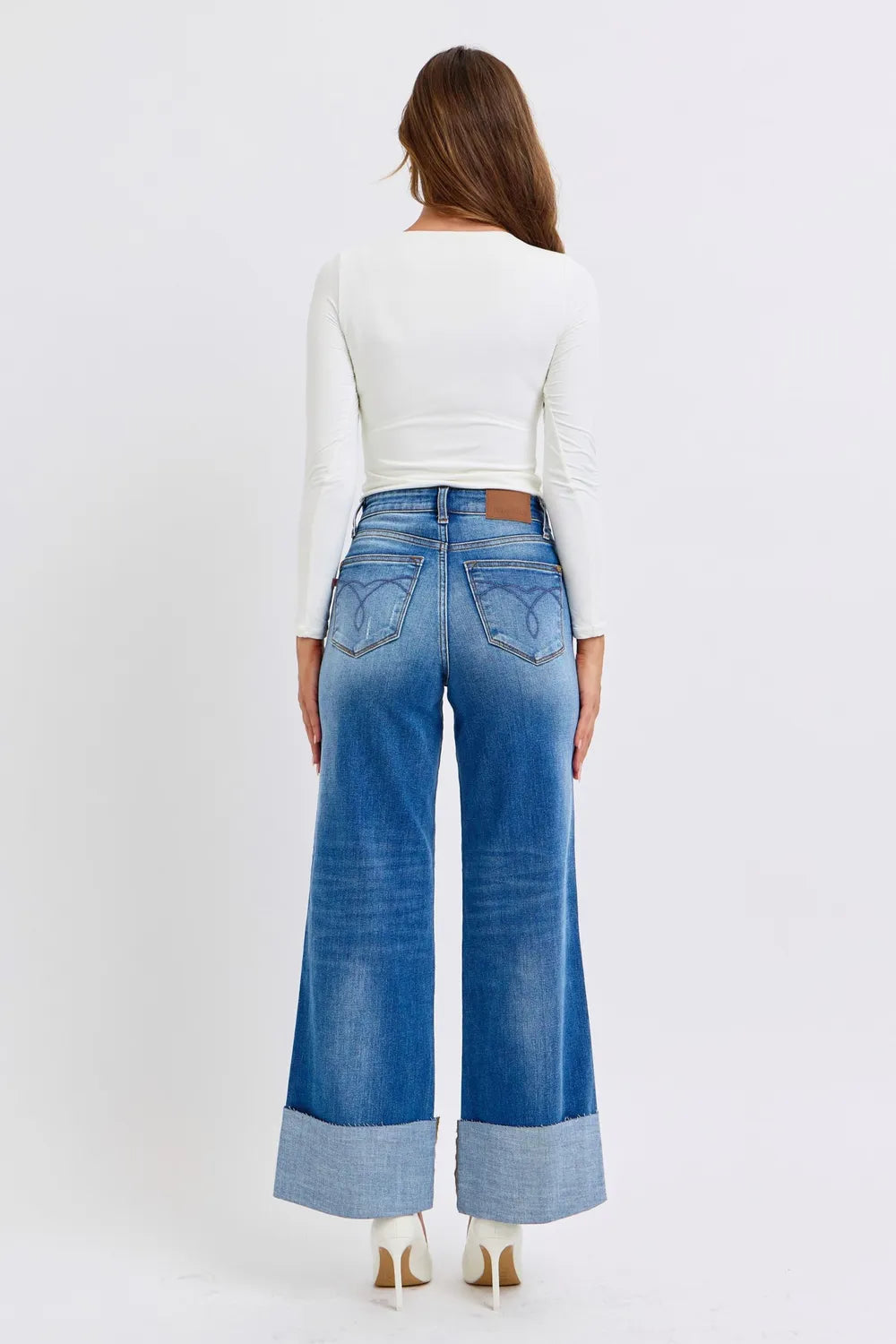 Image of Judy Blue Full Size Distressed High Waist Wide Leg Jeans | Queeble.shop