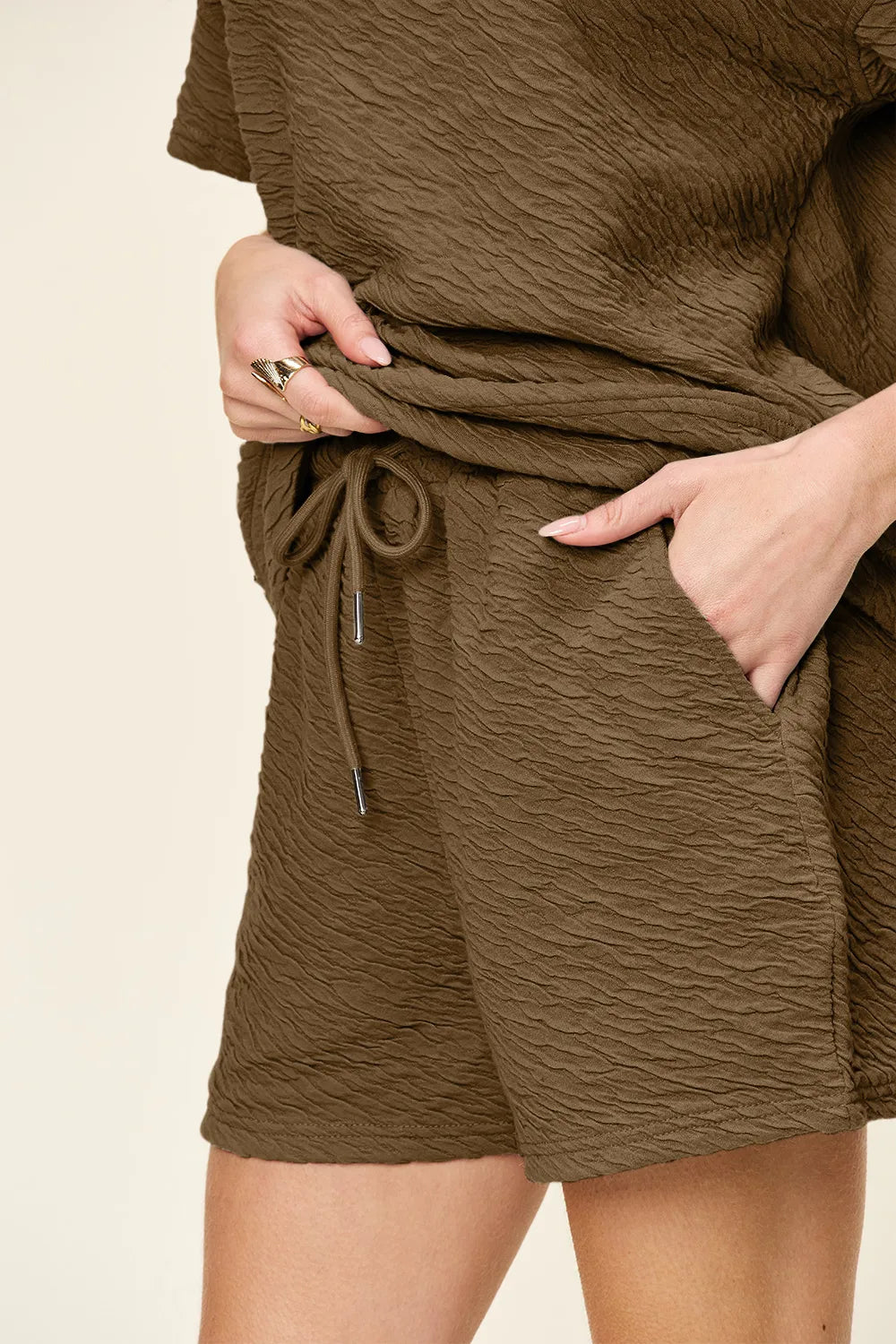 Image of Double Take Full Size Texture Short Sleeve T-Shirt and Drawstring Shorts Set | Queeble.shop