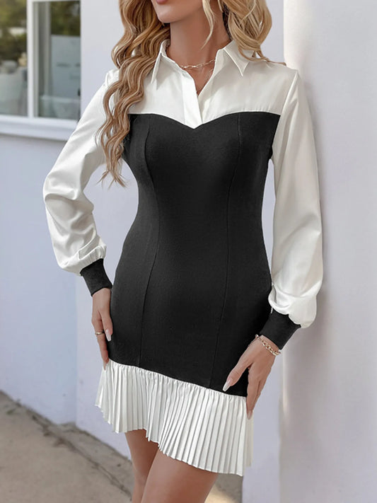 Image of Two Tone Pleated Long Sleeve Shirt Dress | Queeble.shop