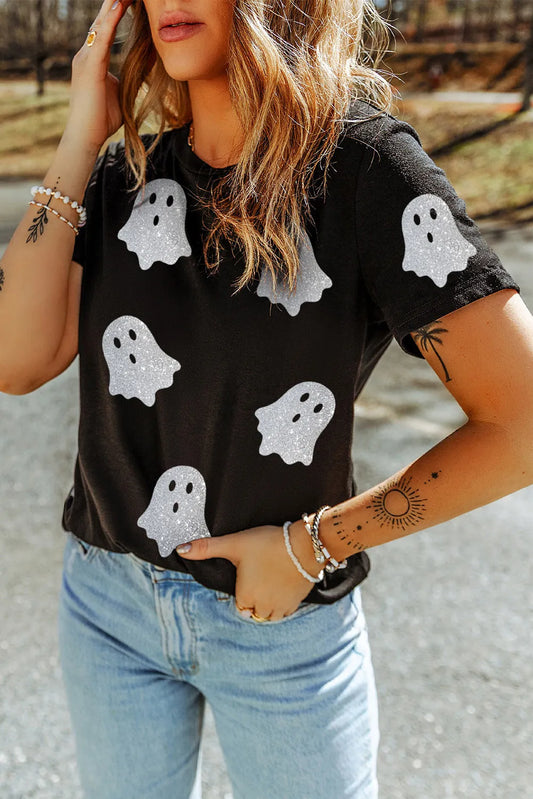 Image of Glitter Ghost Round Neck Short Sleeve T-Shirt | Queeble.shop