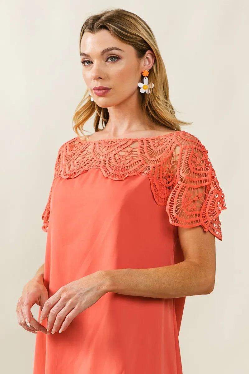 Image of BiBi Crochet Lace Yoke Detailed Wrinkled Dress | Queeble.shop