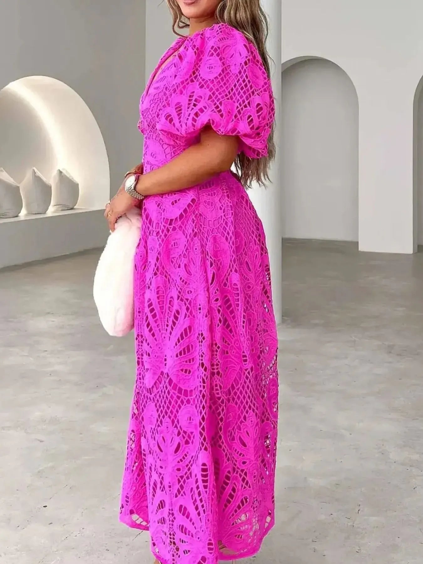 Image of Lace V-Neck Midi Dress with Puff Sleeves | Queeble.shop