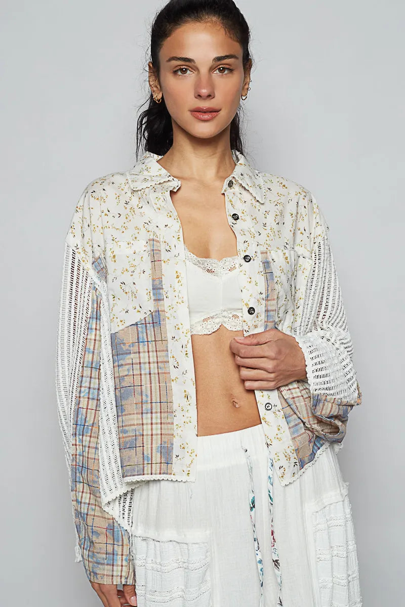 Image of POL Floral Slit Back Plaid Patchwork Shirt | Queeble.shop