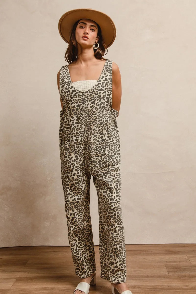 Image of BiBi Leopard Print Adjustable Strap U Neck Jumpsuit | Queeble.shop