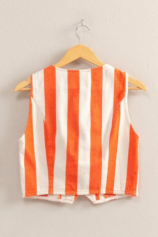 Image of HYFVE Woven Striped V-Neck Button Down Vest | Queeble.shop