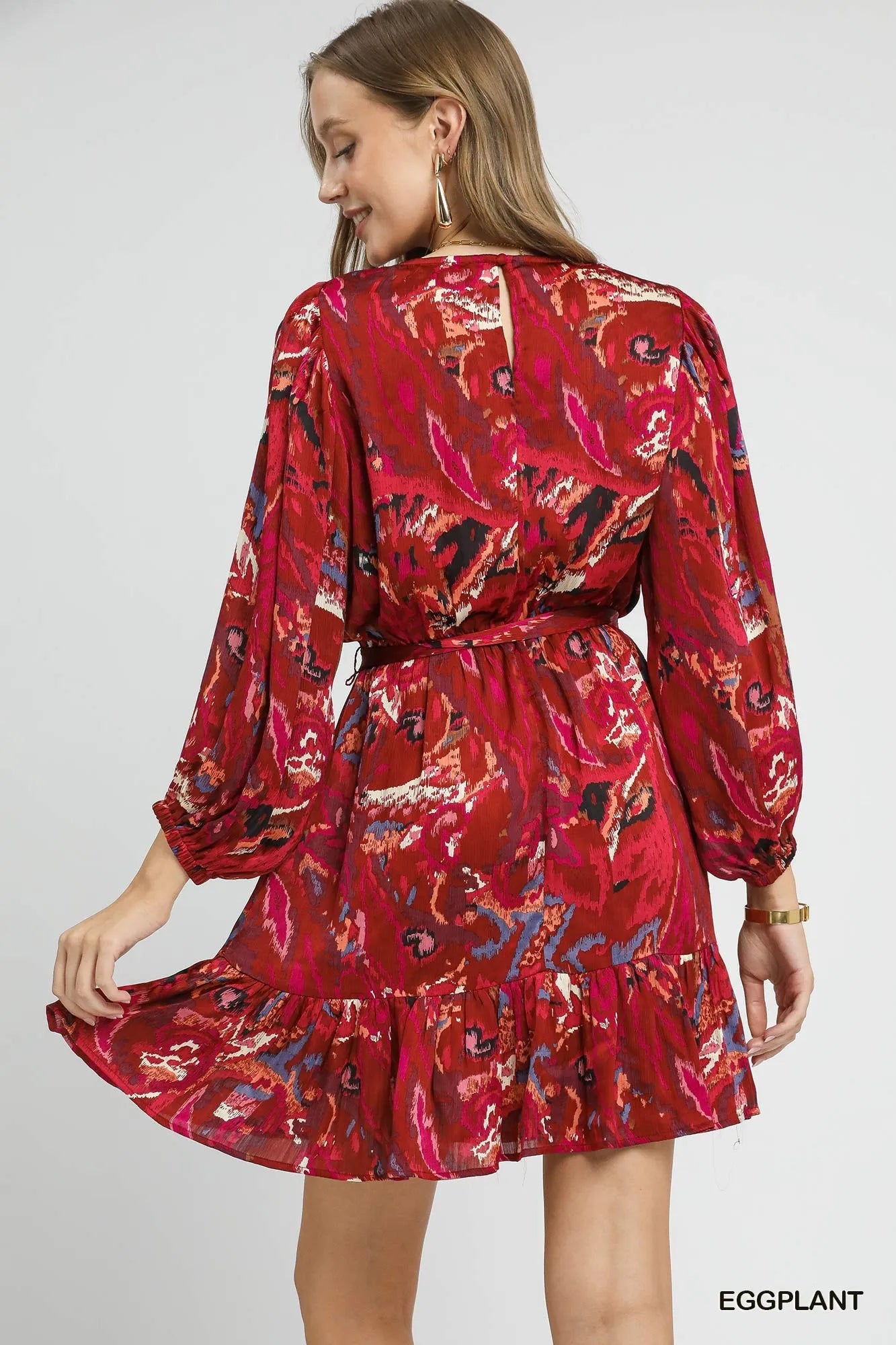 Image of Umgee Ruffled Hem Printed Balloon Sleeve Dress | Queeble.shop