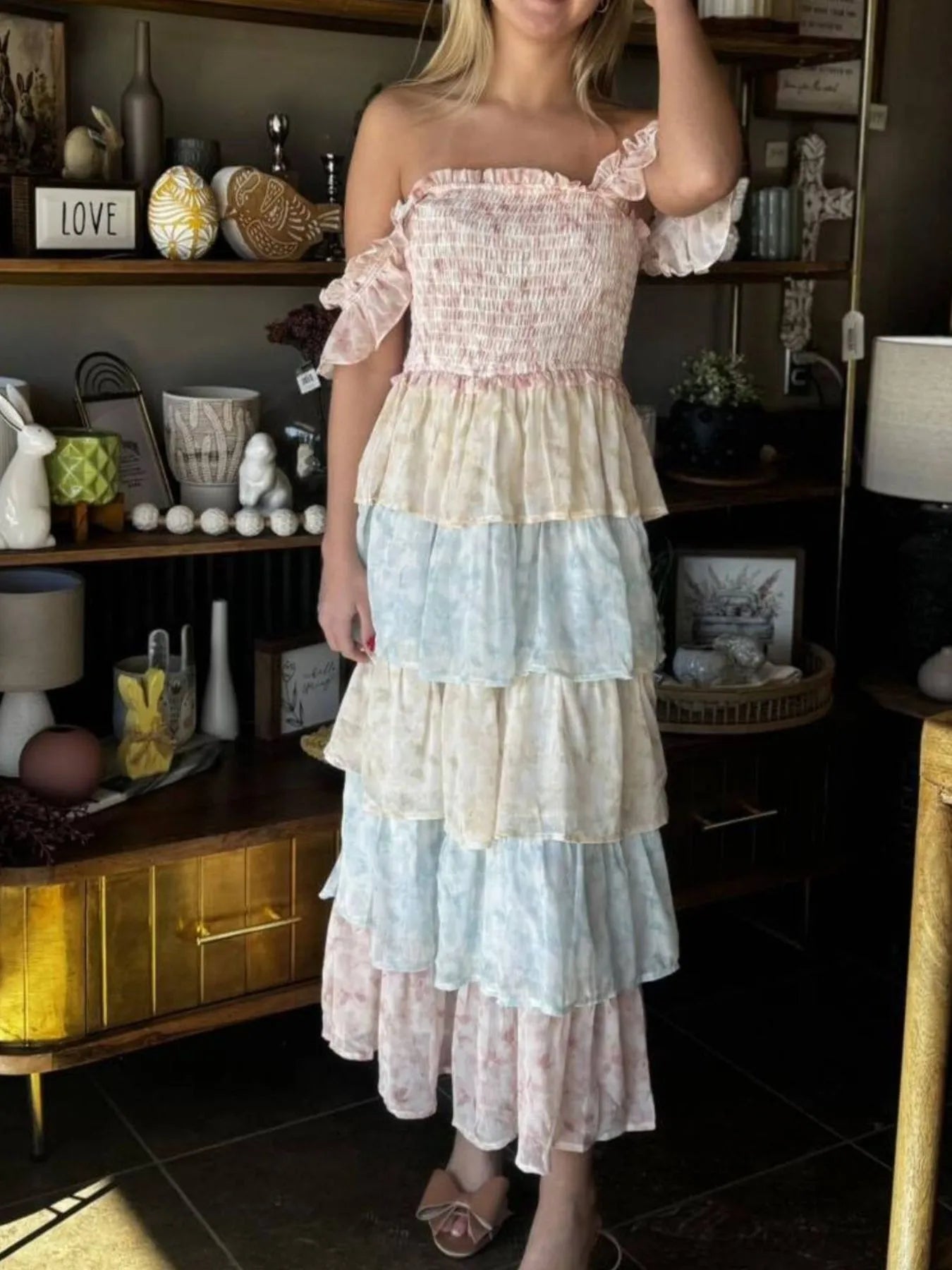 Image of Smocked Ruffle Layered Floral Midi Dress | Queeble.shop