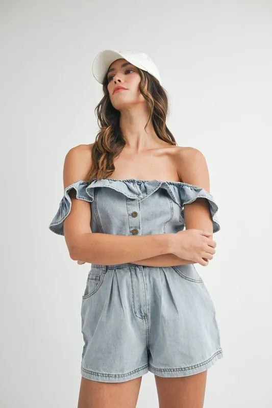 Image of MABLE Off Shoulder Ruffle Detail Denim Romper | Queeble.shop