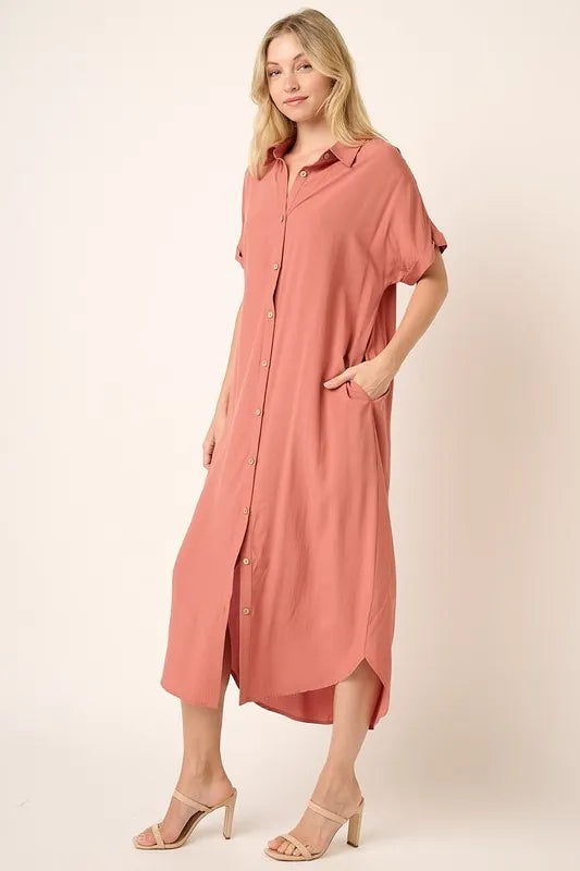 Image of Mittoshop Collared Neck Dolman Short Sleeve Midi Shirt Dress | Queeble.shop