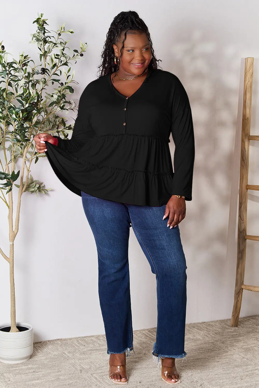 Image of Double Take Half Button Long Sleeve Ruffle Hem Blouse | Queeble.shop