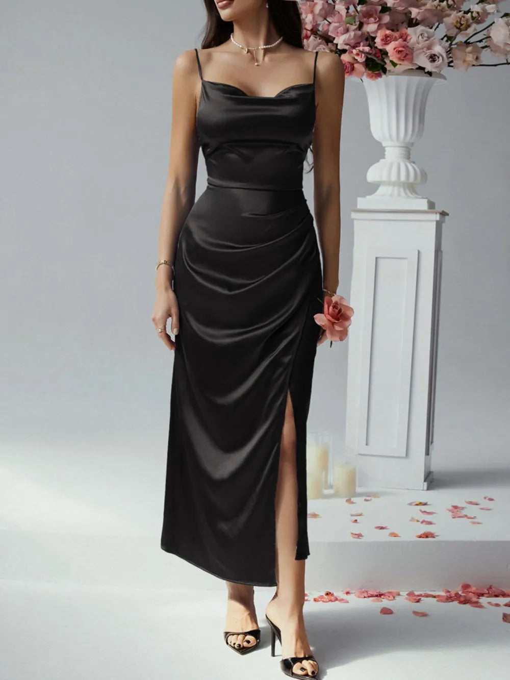 Image of Devine Slit Ruched Maxi Cami Dress | Queeble.shop