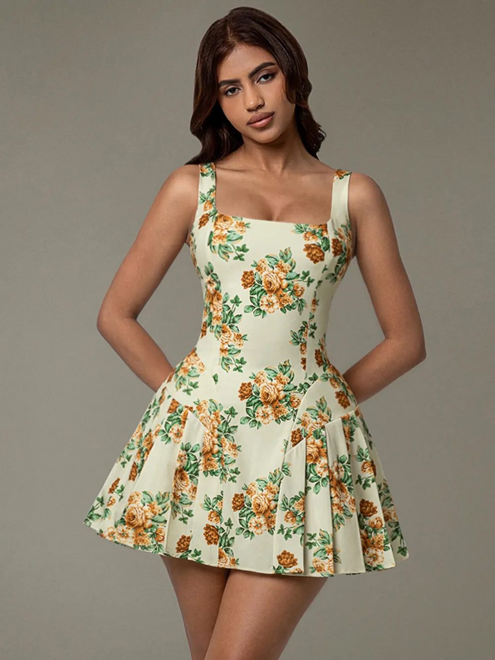 Image of Floral Sleeveless Mini Pleated Dress | Queeble.shop