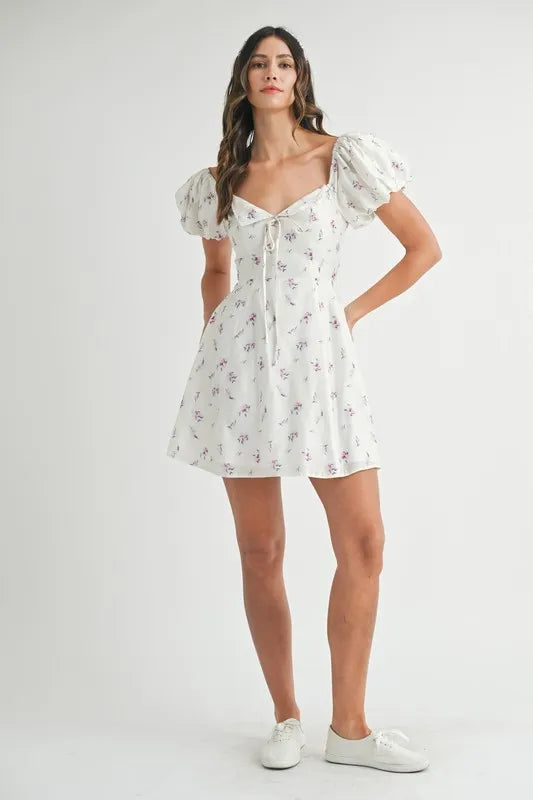 Image of MABLE Floral Print Puff Sleeve Mini Dress | Queeble.shop
