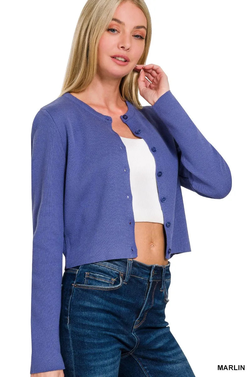 Image of Zenana Button-Front Crewneck Long Sleeve Cropped Cardigan | Queeble.shop