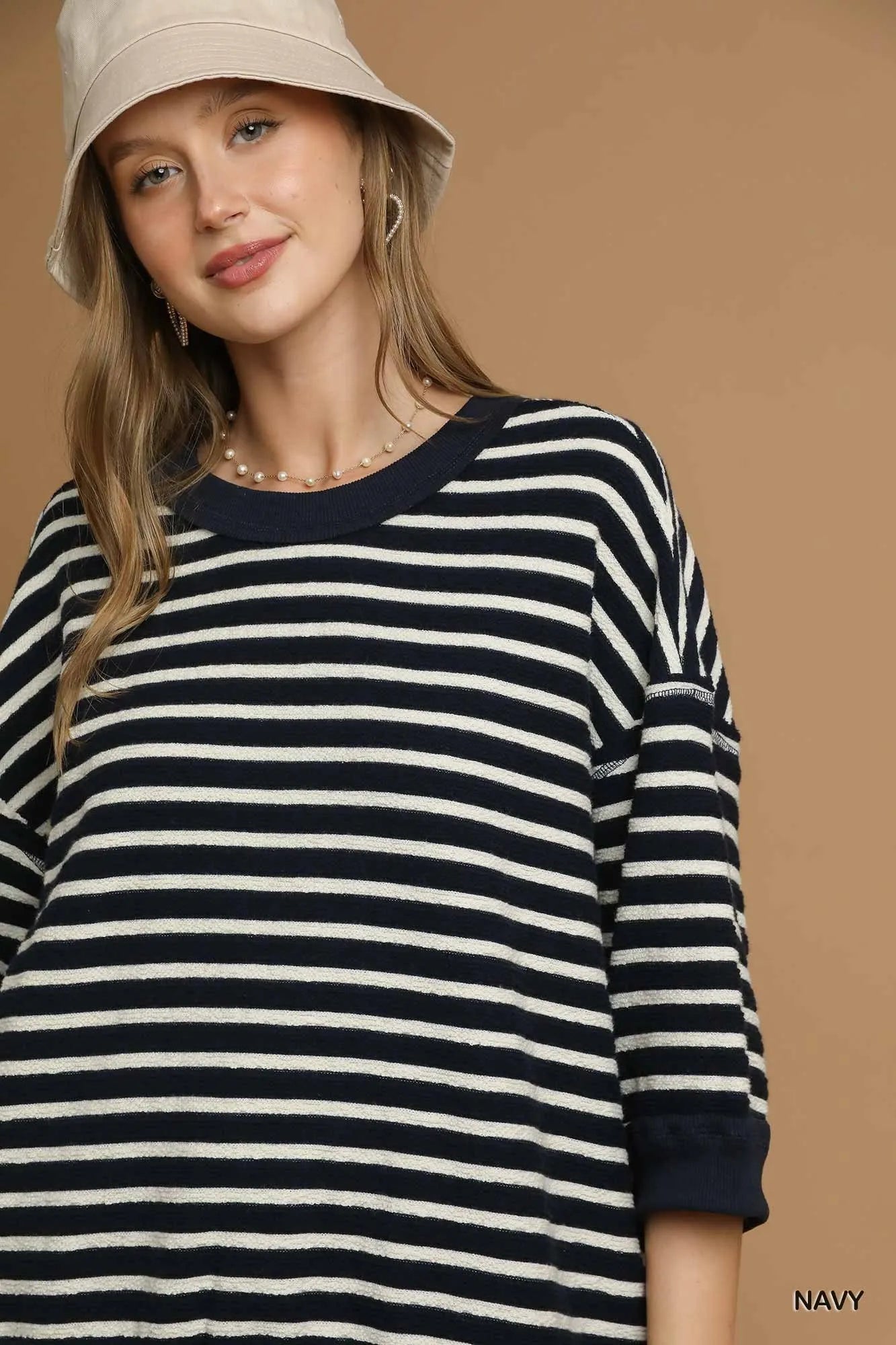 Image of Umgee Ribbed Hem Striped Oversized Knit Top | Queeble.shop
