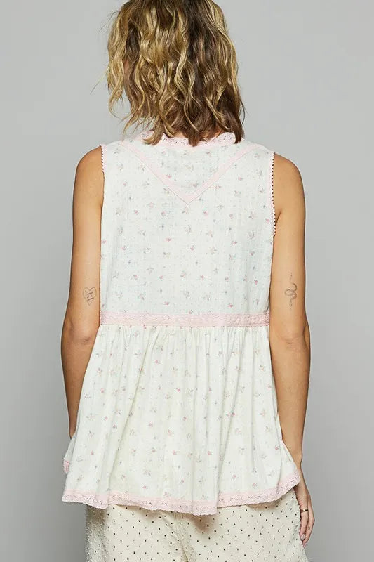 Image of POL Lace Detail Floral V-Neck Sleeveless Top | Queeble.shop
