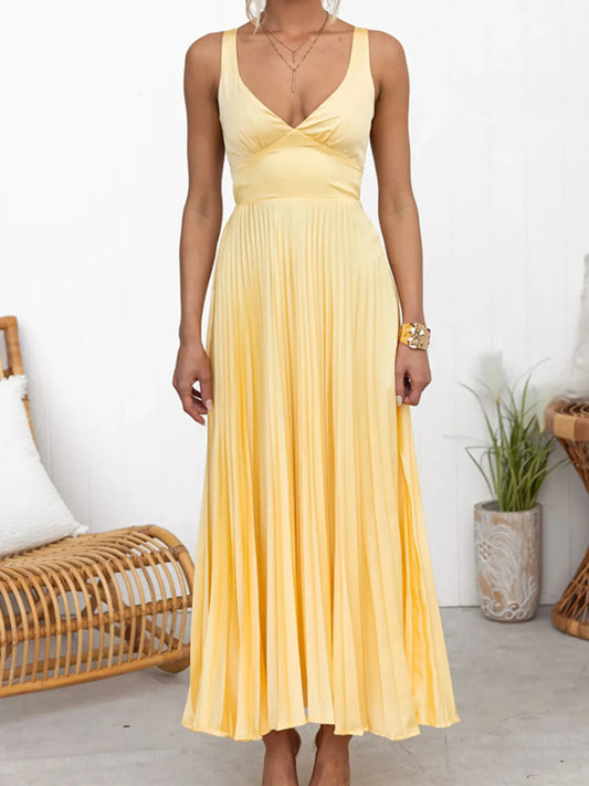 Image of Pleated V-Neck Sleeveless Maxi Dress | Queeble.shop