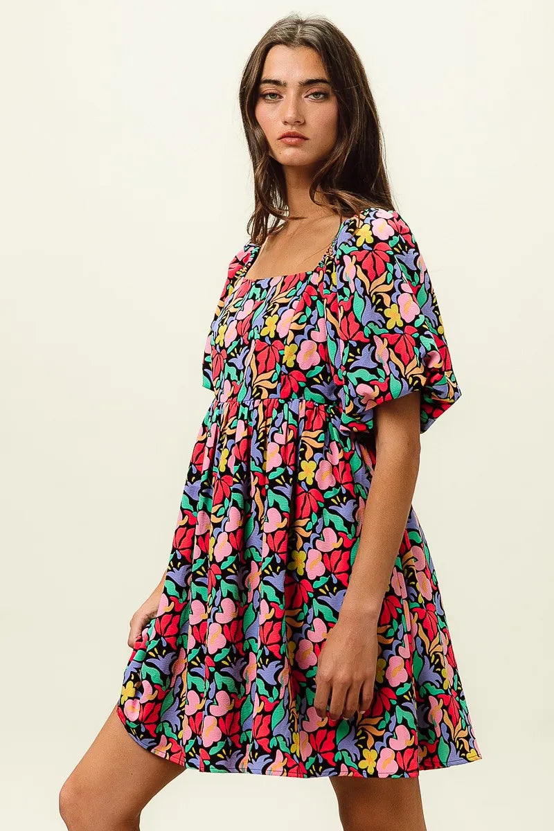 Image of BiBi Floral Print Puff Square Neck Dress | Queeble.shop