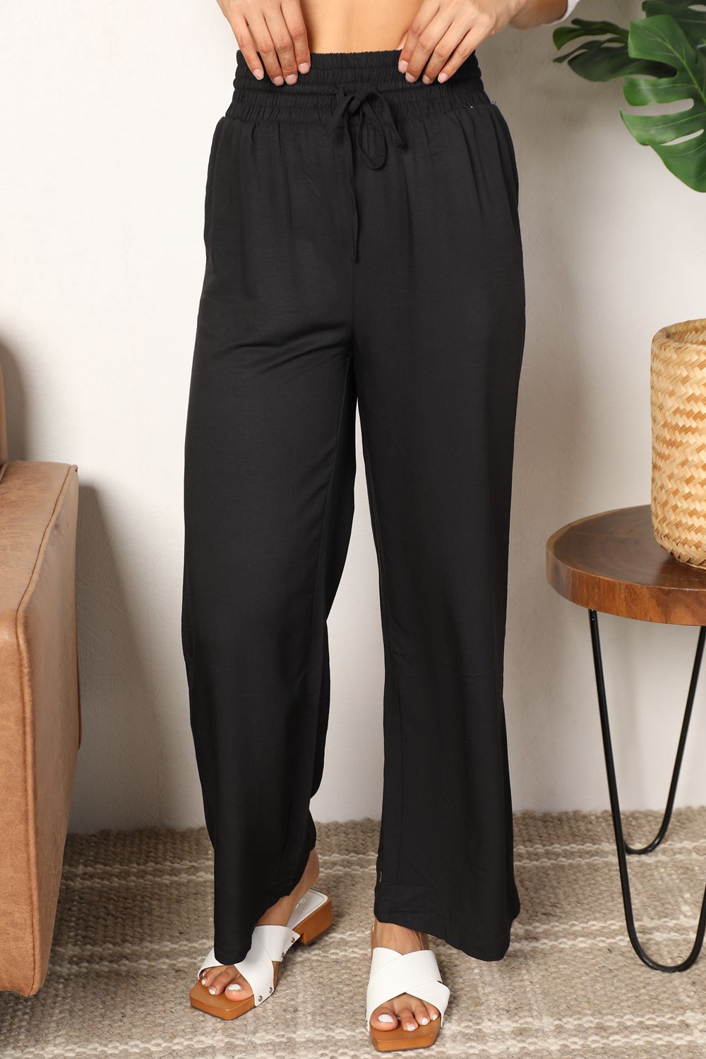Image of Double Take Drawstring Smocked Waist Wide Leg Pants | Queeble.shop