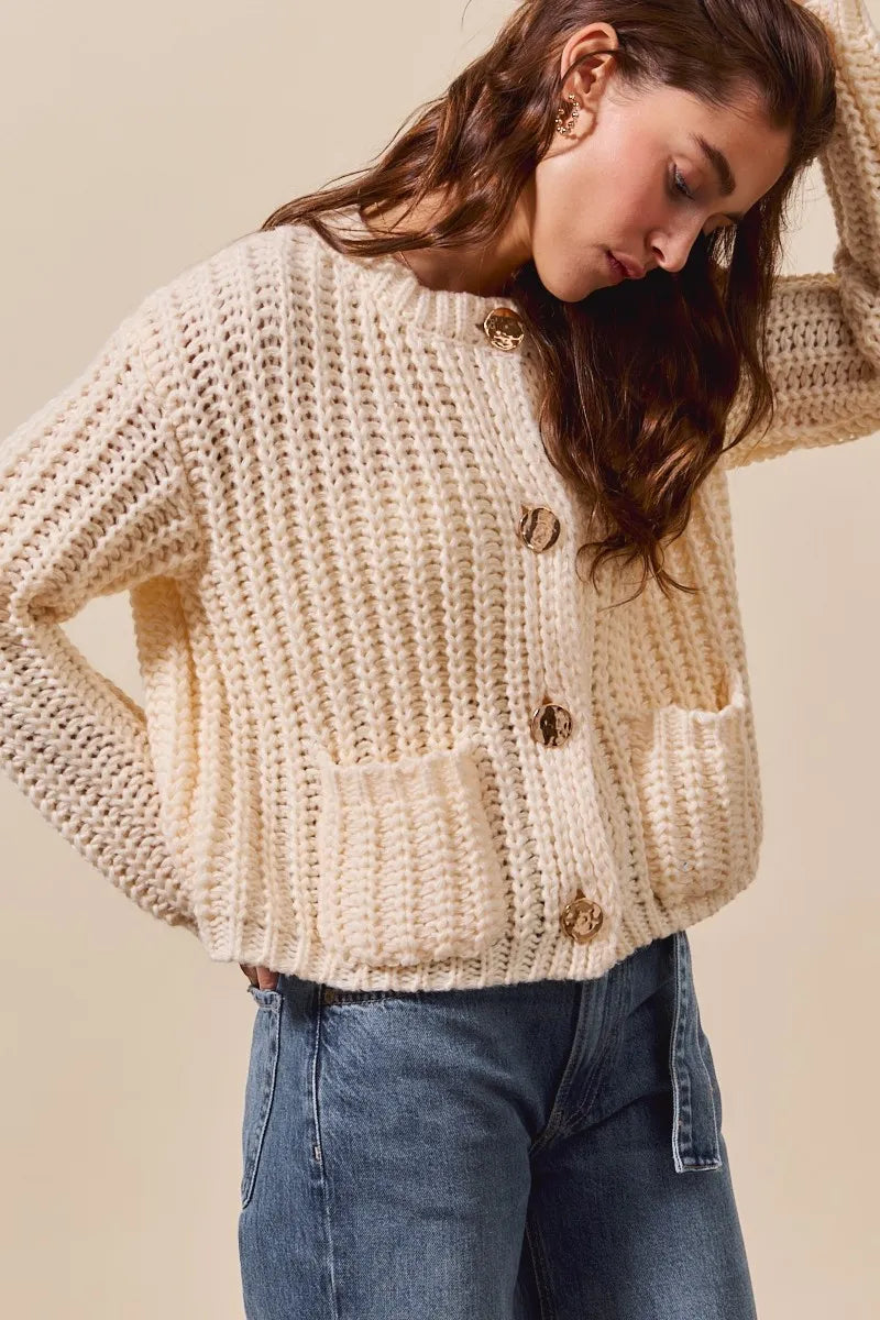Image of SO ME Metal Button Long Sleeve Chunky Sweater Cardigan | Queeble.shop