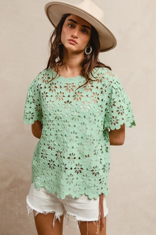 Image of BiBi Openwork Crochet Short Sleeve Knit Top | Queeble.shop