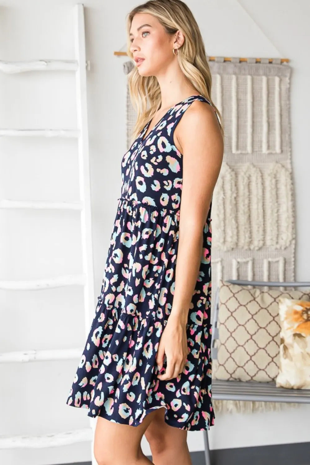 Image of Heimish Full Size Leopard V-Neck Ruffled Tank Dress | Queeble.shop