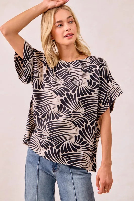 Image of BiBi Print Woven Ruffled Sleeves Top | Queeble.shop