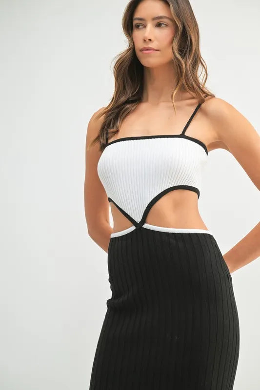 Image of MABLE Ribbed Knit Color Block Cutout Midi Dress | Queeble.shop
