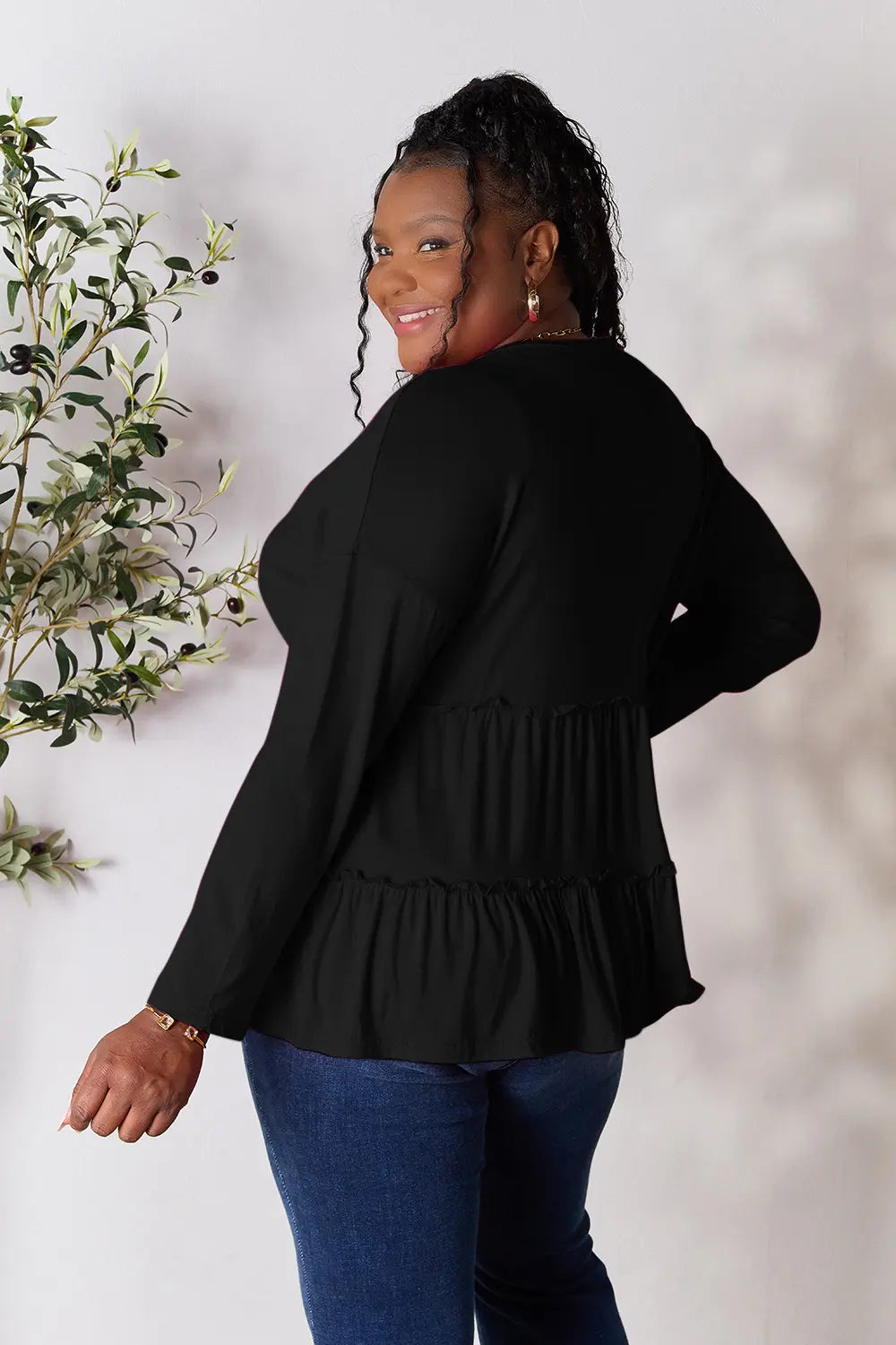 Image of Double Take Half Button Long Sleeve Ruffle Hem Blouse | Queeble.shop
