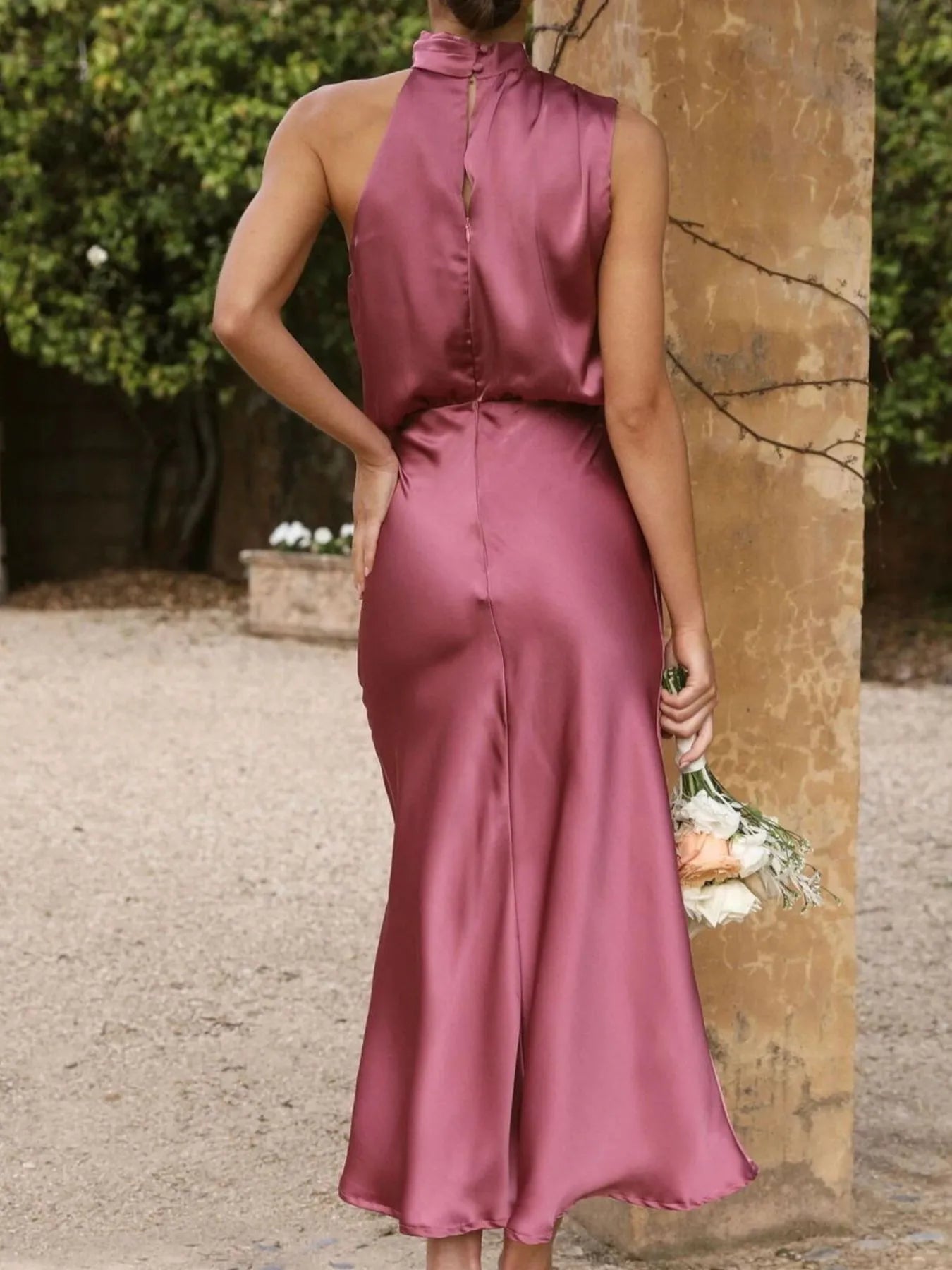Image of Asymmetrical Ruched Sleeveless Midi Dress | Queeble.shop