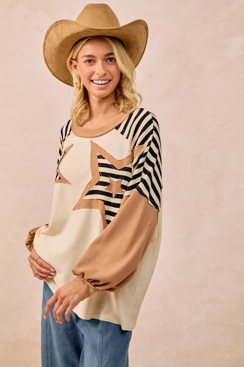 Image of BiBi Star Patchwork Mixed Long Sleeve Top | Queeble.shop