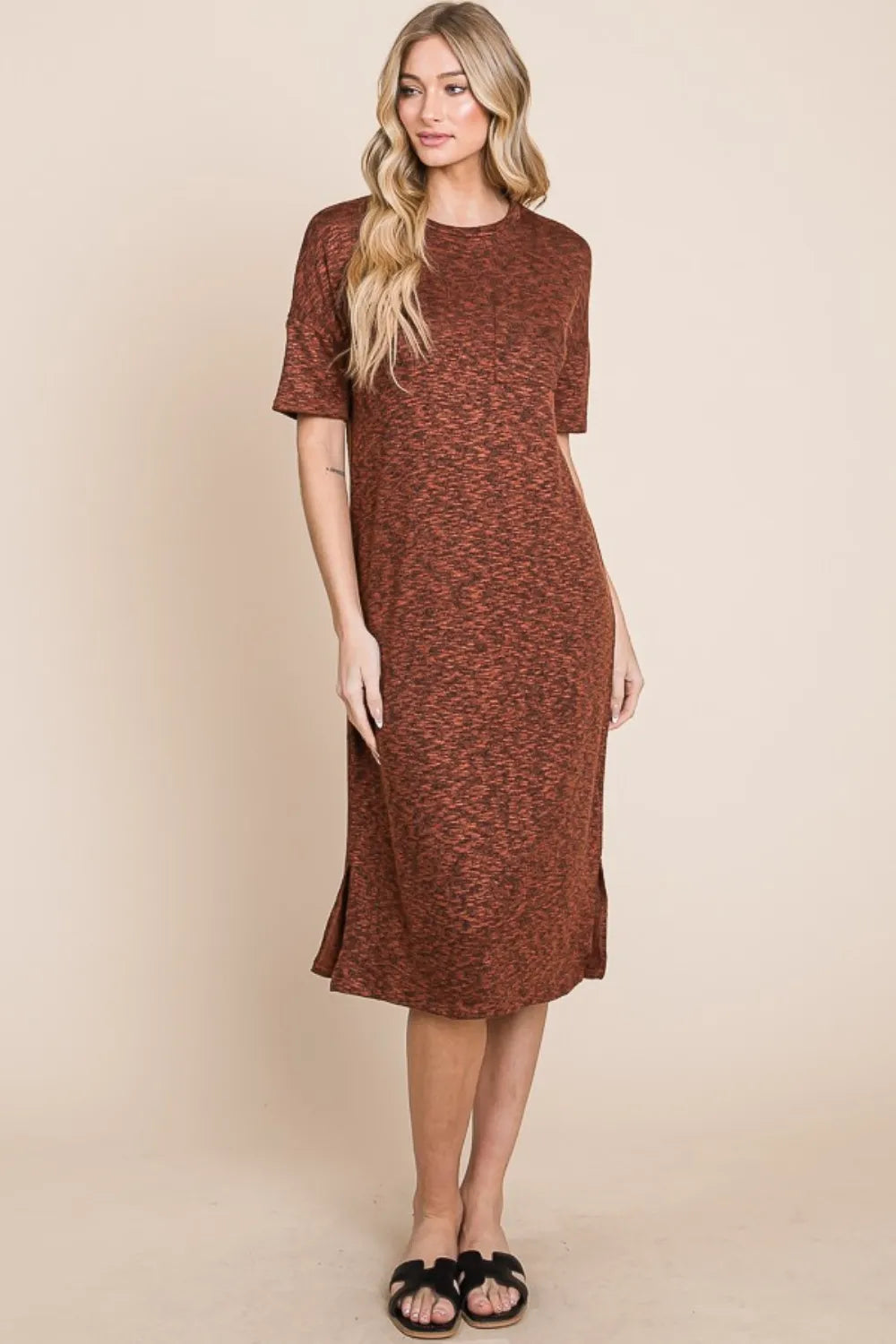 Image of BOMBOM Round Neck Side Slit Midi Dress | Queeble.shop