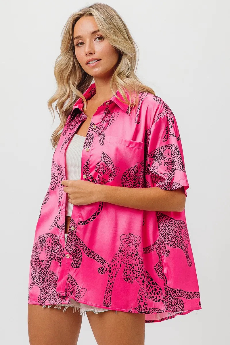 Image of BiBi Leopard Print Short Sleeve Silky Satin Shirt Top | Queeble.shop