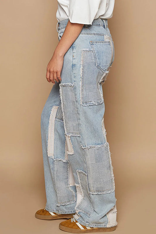 Image of POL Contrast Patched Raw Hem Straight Jeans | Queeble.shop