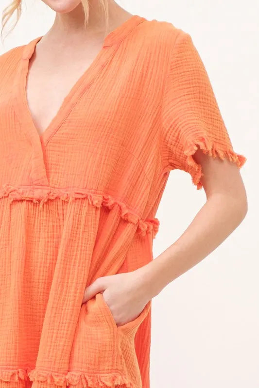 Image of And The Why Washed Frayed Detail Tiered Dress | Queeble.shop