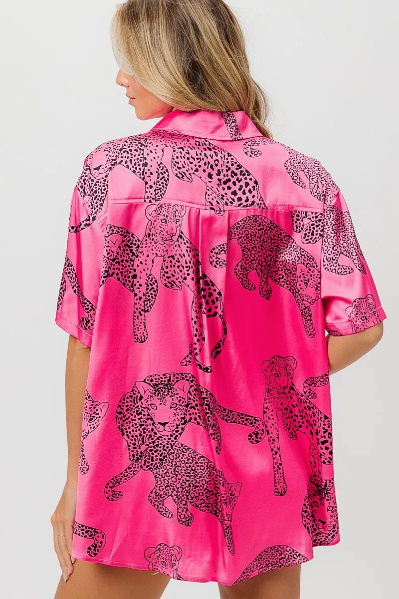 Image of BiBi Leopard Print Short Sleeve Silky Satin Shirt Top | Queeble.shop