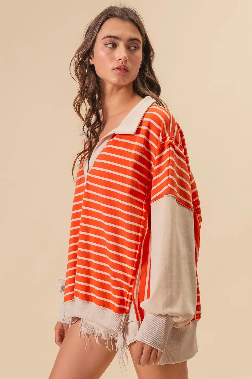 Image of BiBi Stripe Knit Loose Fit Top With Cut Edge Detail | Queeble.shop