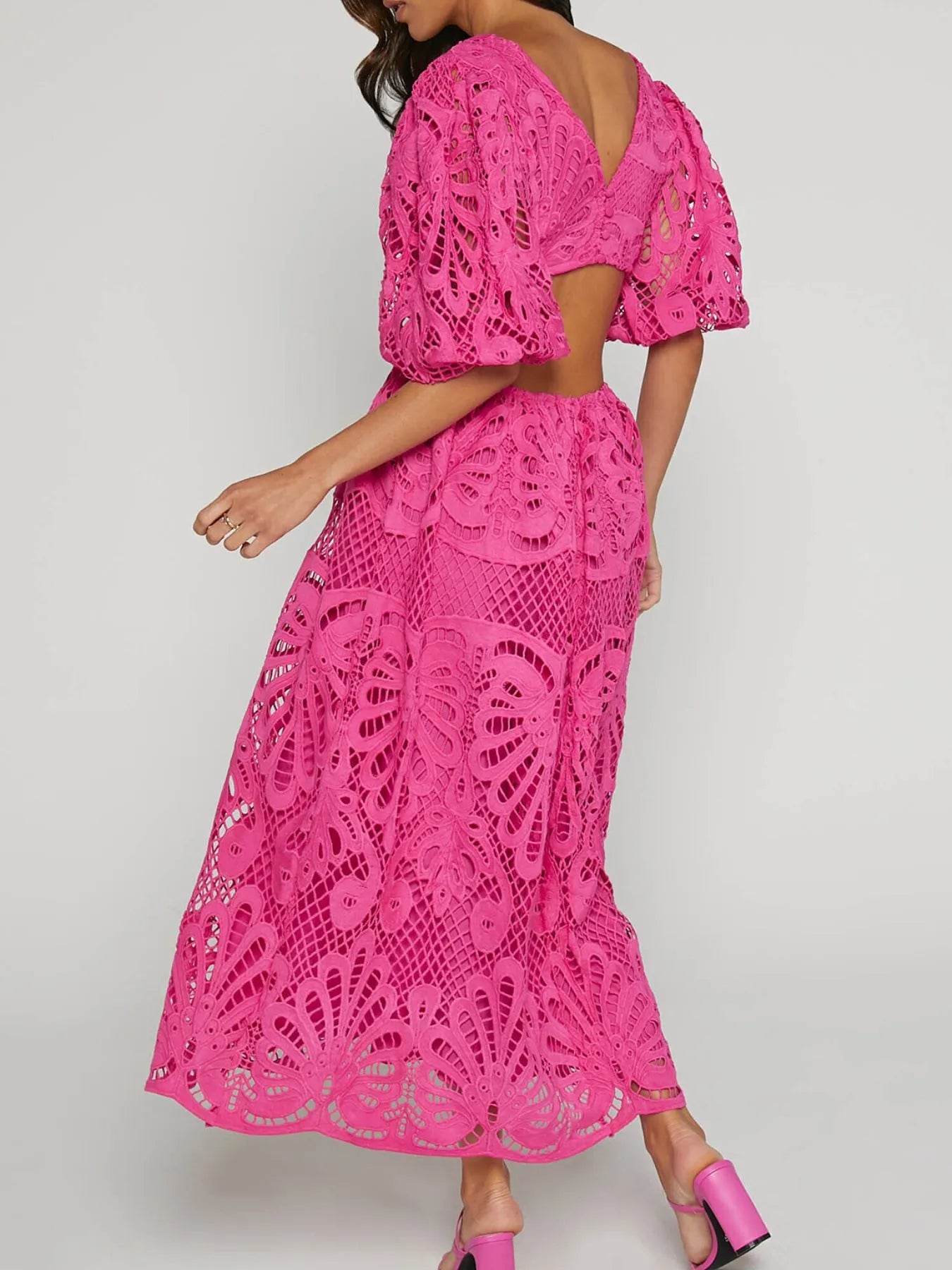 Image of Cutout Back Lace Crochet V-Neck Dress | Queeble.shop