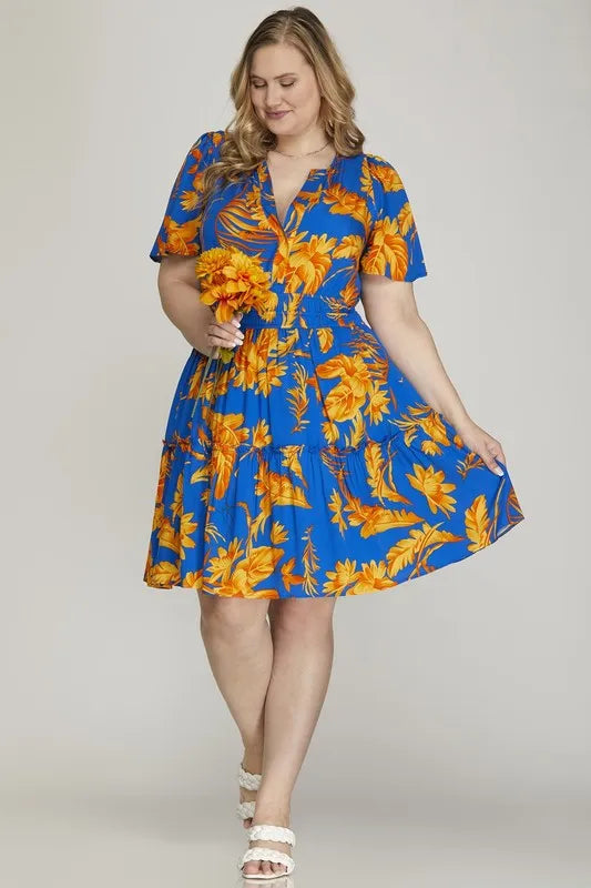 Image of She + Sky Full Size Printed Notched Short Sleeve Frill Tiered Dress Plus Size | Queeble.shop