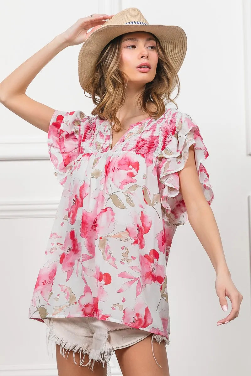 Image of BiBi Floral Print Flutter Sheer Top | Queeble.shop